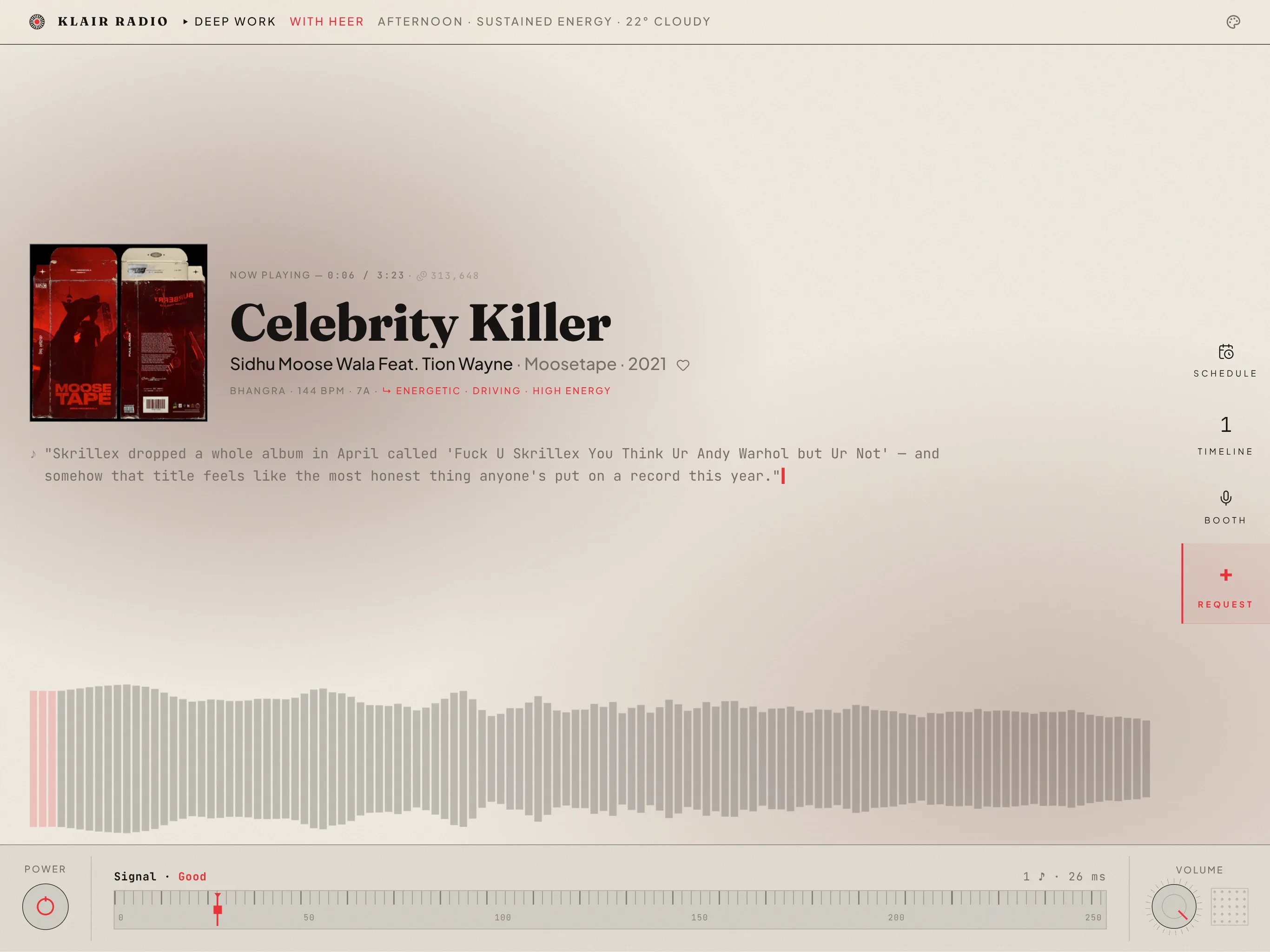 The SUB/WAVE player: cover art, track title and artist, a line from the DJ, a waveform transport, and a rail of panel buttons